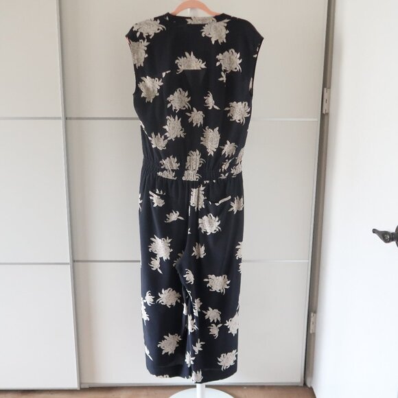 Vince 100% Silk Floral Sleeveless Black Cream Jumpsuit Midi Size M - Picture 9 of 16